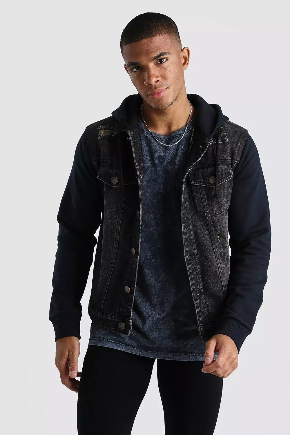 Mens distressed denim jacket black best sale